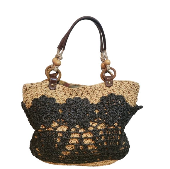 Fossil Straw Crochet Tote Bag Boho Black Floral Leather Handle Summer Purse - Picture 3 of 10